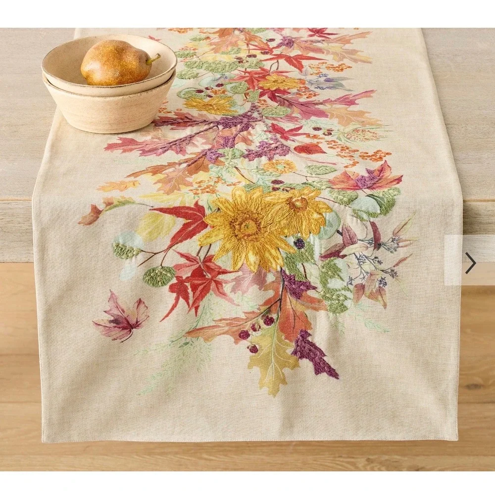 Pottery Barn Fall Botanical Embroidered Table Runner Cotton Linen 108x18 Floral